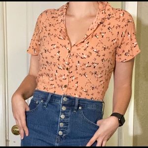 Pink Floral Bird Print Cropped Button Down